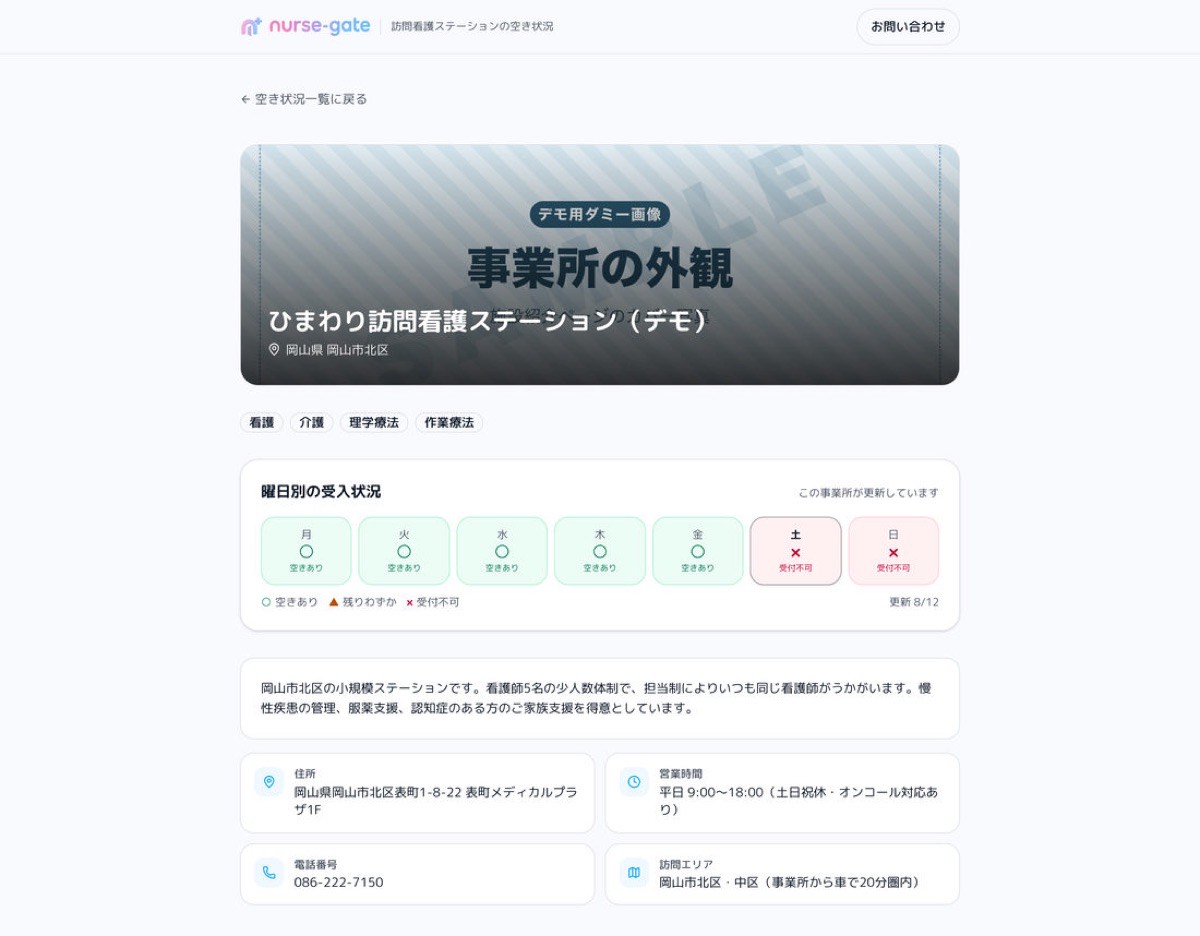 公開された事業所ページ。カバー写真、曜日別の受入状況、紹介文、住所・営業時間・電話・訪問エリアが並ぶ
